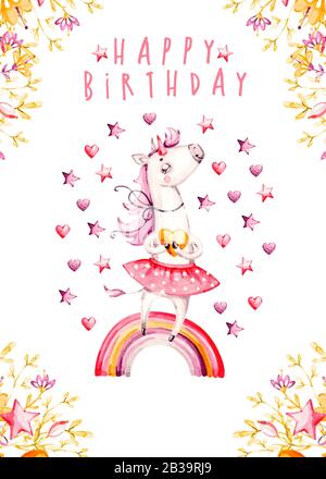 Isolated cute watercolor unicorn Birthday invitation card. Nursery unicorns and rainbow illustration. Princess unicorns poster. Stock Photo
