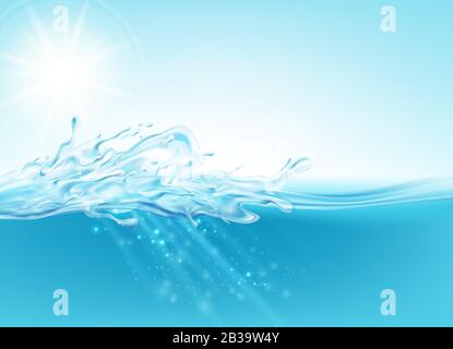 Water stream splashes realistic illustration on a blue sea background. Vector illustration Stock Vector