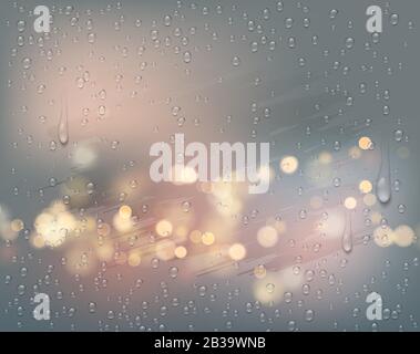 Night city lights view through a foggy window with raindrops. Vector illustration Stock Vector