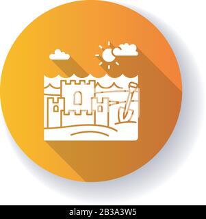 Ocean beach orange flat design long shadow glyph icon. Marine shore. Sand castle. Maritime family vacation. Trip to exotic country. Silhouette RGB Stock Vector
