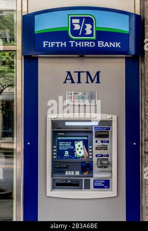 Charlotte, NC/USA - May 26, 2019:  Medium  outdoor shot of Fifth Third Bank automated teller machine (ATM) with brand and logo. Vertical frame with no Stock Photo