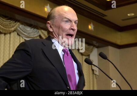 Austin, Texas 03JAN01: Jack Welch, CEO of General Electric speaks to the press after he and other corporate leaders met with president-elect George W. Bush to discuss the U.S. economy. ©Bob Daemmrich Stock Photo