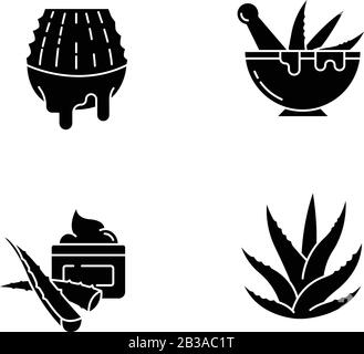 Aloe vera black glyph icons set on white space. Liquid from sliced cactus leaf. Mortar with pestle for botanical ingredients. Organic cosmetic Stock Vector