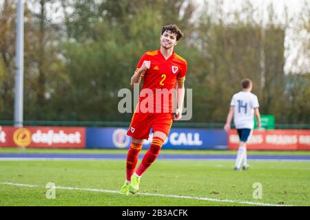 Neco Williams of Wales celebrates scoring during a UEFA Under-19 Championship Qualifying match against Russia, November 2019. Stock Photo