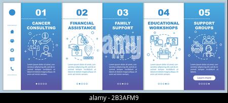 Oncology help onboarding vector template. Illness treatment. Cancer counseling. Financial assistance. Responsive mobile website with icons. Webpage Stock Vector
