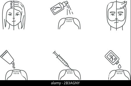 Hair loss pixel perfect linear icons set. Male alopecia. Female balding. Products for hairloss. Customizable thin line contour symbols. Isolated Stock Vector
