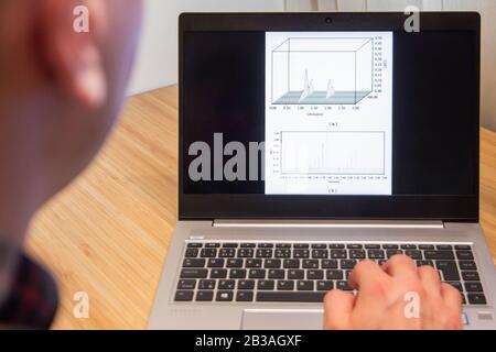 3-D chromatograms plots are analyzed by a man on the laptop. Chemist uses computer software. New product is tested by IT specialist. San Francisco Stock Photo