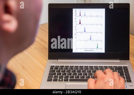 Chromatograms are analyzed by a chemist on the laptop. Scientist used computer software. New product is tested by IT specialist. San Francisco Stock Photo