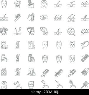 Hair loss pixel perfect linear icons set. Baldness and alopecia treatment. Laser therapy. Shampoo. Customizable thin line contour symbols. Isolated Stock Vector
