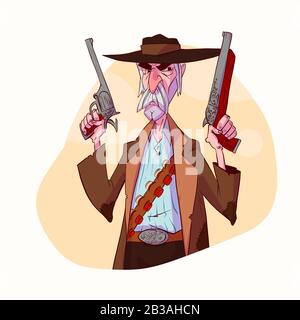 Colorful vector illustration of a cartoon bounty hunter, cowboy or an outlaw. Stock Vector