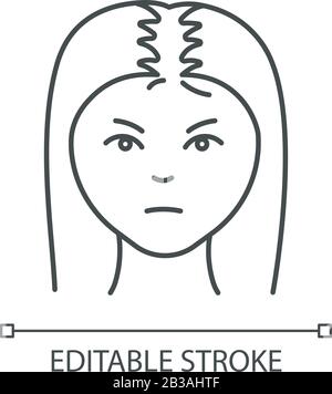 Female hair pixel perfect linear icon. Woman with alopecia. Hairloss problem. Thinning hairline. Thin line customizable illustration. Contour symbol Stock Vector