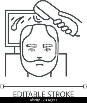 Trichoscopy pixel perfect linear icon. Hairloss treatment. Scalp and hair disease diagnosis. Thin line customizable illustration. Contour symbol Stock Vector