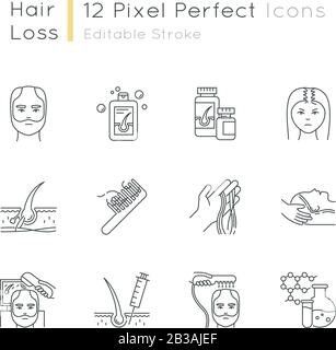 Hair loss pixel perfect linear icons set. Hair roots. Alopecia treatment. Hair strands on hand and comd. Customizable thin line contour symbols Stock Vector