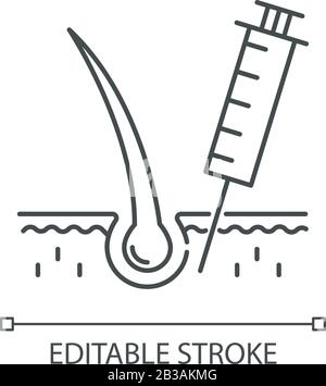 Hairloss injection pixel perfect linear icon. Medical therapy for baldness problem. Thin line customizable illustration. Contour symbol. Vector Stock Vector