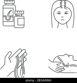 Hair loss pixel perfect linear icons set. Female baldness. Alopecia treatment. Woman with thinning hair. Customizable thin line contour symbols Stock Vector
