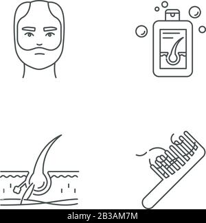 Hair loss pixel perfect linear icons set. Man balding treatment. Male alopecia. Hair strands on comb. Customizable thin line contour symbols. Isolated Stock Vector
