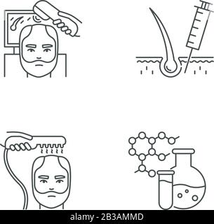 Hair loss pixel perfect linear icons set. Laser therapy. Medical injection for alopecia. Customizable thin line contour symbols. Isolated vector Stock Vector