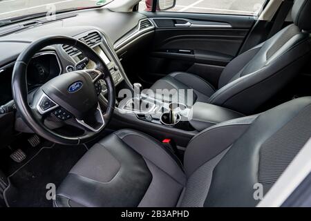 Latest technology multimedia system, SYNC 3 mounted on a Ford Mondeo Titanium MK5, year 2017. Touchscreen screen and connection to Android car. Stock Photo