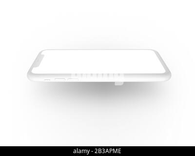 Smartphone in perspective - mockup front side with white screen and back side with camera. Mobile are one behind the other. Isolated on white backgrou Stock Photo