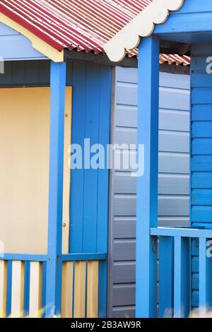 Abstract view of Beach huts. Sutton on Sea beach hut juxtaposition of colours and structure of huts. Various colours in vivid shades and brightness. Stock Photo