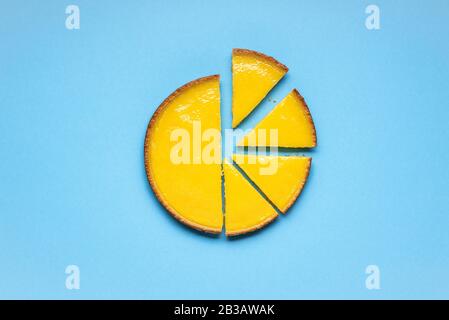 Lemon pie sliced on a blue background. Sliced lemon tart. Delicious sweet food. Stock Photo