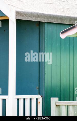 Abstract view of Beach huts. Sutton on Sea beach hut juxtaposition of colours and structure of huts. Various colours in vivid shades and brightness. Stock Photo