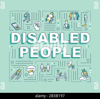 Disabled people word concepts banner. Handicapped awareness. Inclusive environment. Infographics with linear icons on mint background. Isolated Stock Vector