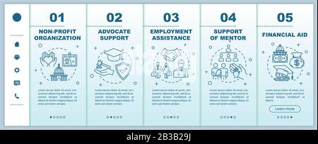 Inclusive education onboarding vector template. Employment assistance. Advocate support. Financial aid. Responsive mobile website with icons. Webpage Stock Vector