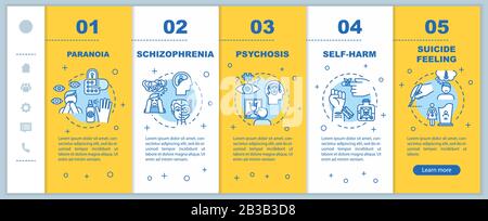 Mental disorders onboarding vector template. Schizophrenia. Psychological diseases. Paranoia. Suicide feeling. Responsive mobile website with icons Stock Vector