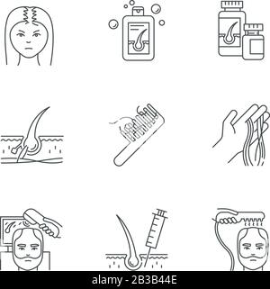 Hair loss pixel perfect linear icons set. Male alopecia and female balding. Laser therapy. Follicle. Customizable thin line contour symbols. Isolated Stock Vector