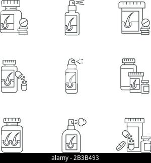 Hair loss pixel perfect linear icons set. Medicament for alopecia. Vitamin supplements for hair thinning. Customizable thin line contour symbols Stock Vector