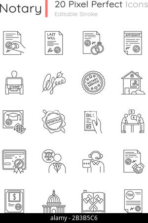 Notary services pixel perfect linear icons set. Apostille and legalization. Legal documents. Stamps. Customizable thin line contour symbols. Isolated Stock Vector