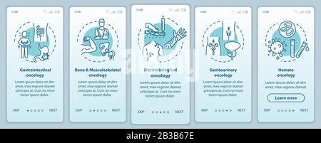 Oncology onboarding mobile app page screen with concepts. Cancer treatment walkthrough five steps graphic instructions. Genitourinary oncology. UI Stock Vector