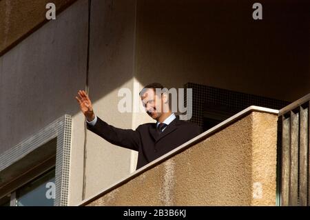 March 9th 2005 Damascus, Syria. The Syrian President Bashar al Assad waves to his supporters during a pro government demonstration in the center of Da Stock Photo