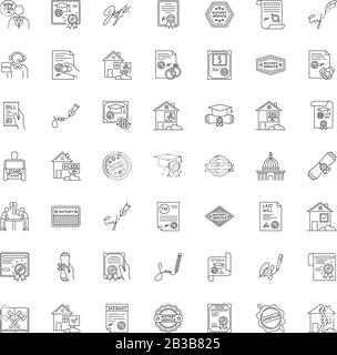 Notary services pixel perfect linear icons set. Apostille and legalization. Notarized document. Customizable thin line contour symbols. Isolated Stock Vector