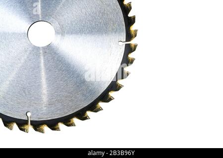 Circular saw blade closeup isolated on white background Stock Photo