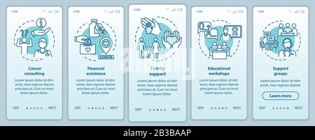 Oncology help onboarding mobile app page screen with concepts. Illness treatment walkthrough five steps graphic instructions. Family support. UI Stock Vector