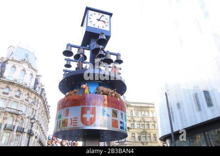 The historical Swiss Glockenspiel on Leicester Square, in London's West End, in the UK Stock Photo