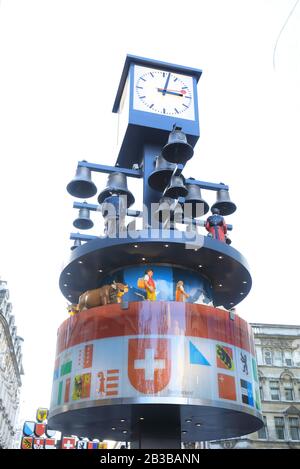 The historical Swiss Glockenspiel on Leicester Square, in London's West End, in the UK Stock Photo