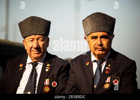Izmir, Turkey - October 29, 2019: Two veterans looking at the camera at the celebrations Republic day of Turkey and in Izmir. All of them are Cyprus V Stock Photo