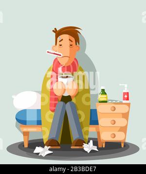 Young man having a cold, holding a cup, cartoon style illustration. A guy in red scarf with thermometer in his mouth Stock Vector