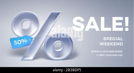 Design template with 3d percentage symbol with tag on it and place for text Stock Vector