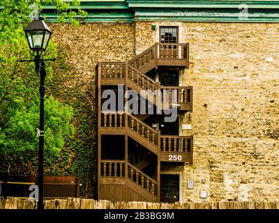 Montreal, Canada - May 9 2019: The stairs outside of the residential building in downtown Montreal Stock Photo
