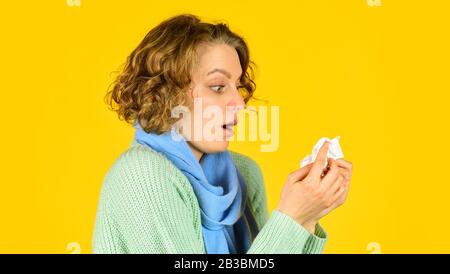 oh my god. illness infection concept. contagious respirator disease. coronavirus, novel chinese virus. pandemic epidemic outbreak. nCoV strain. female health concept. woman with cold flu. Stock Photo