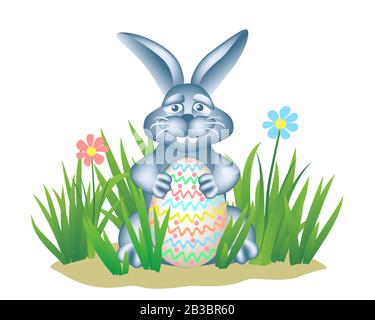 Easter Egg Hunt theme. Happy Bunny in grass holds painted egg. Stock Vector