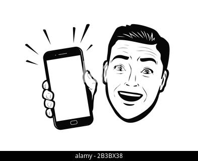 Businessman with smartphone in hand. Retro comic pop art vector illustration Stock Vector