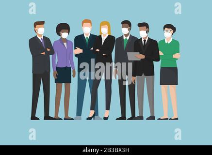 Business people wearing surgical masks and standing together, healthcare and prevention concept Stock Vector