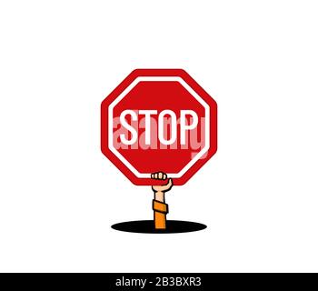 Hand out of the pit holds a stop sign on a white background. Vector illustration. Stock Vector