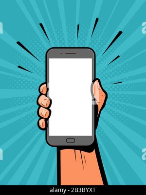 Smartphone in hand. Retro comic pop art vector illustration Stock Vector