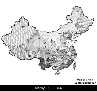Map of China with regions and cities. White and black graphic ...